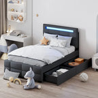 Letto a piattaforma imbottito singolo con luci a LED e cassetti portaoggetti