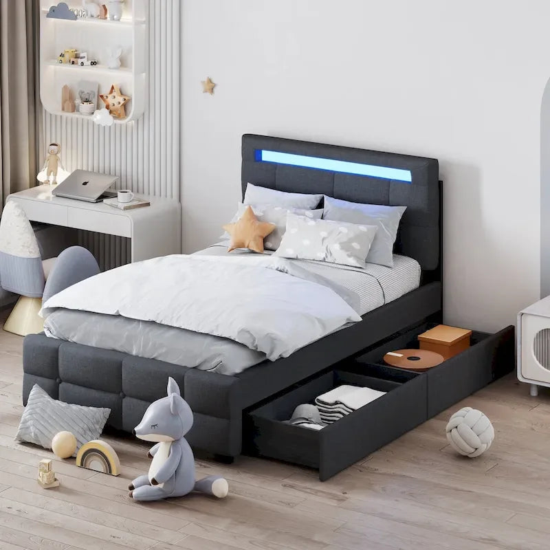 Letto a piattaforma imbottito singolo con luci a LED e cassetti portaoggetti