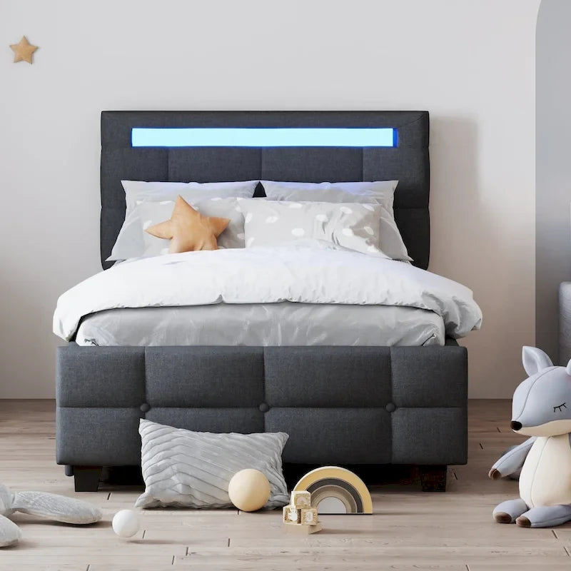 Letto a piattaforma imbottito singolo con luci a LED e cassetti portaoggetti