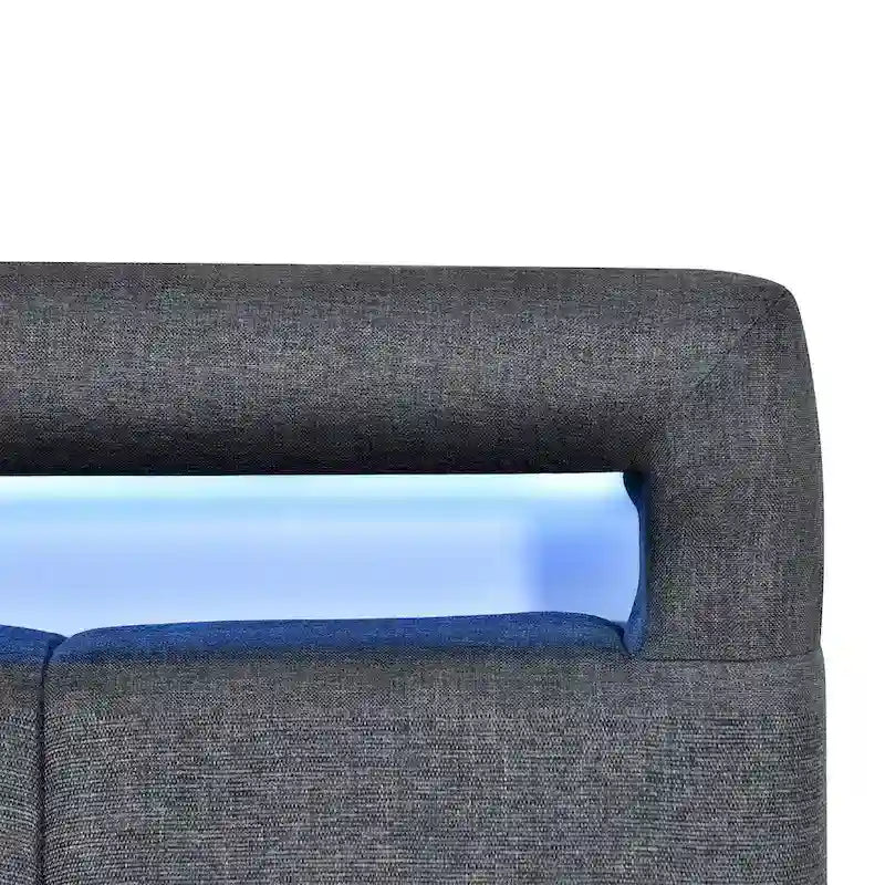 Letto a piattaforma imbottito singolo con luci a LED e cassetti portaoggetti