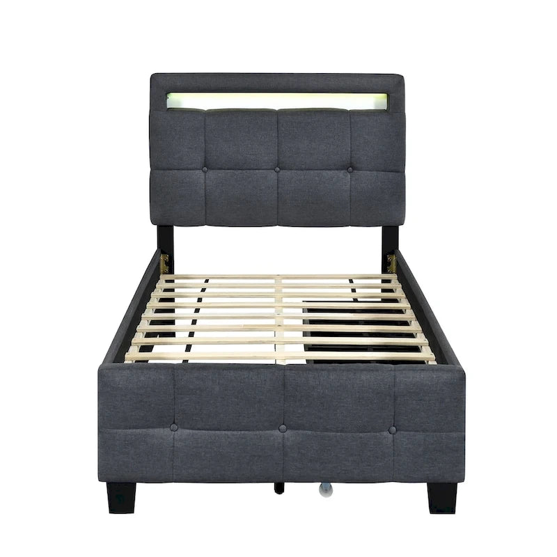 Letto a piattaforma imbottito singolo con luci a LED e cassetti portaoggetti
