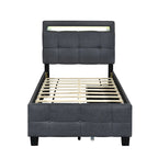 Letto a piattaforma imbottito singolo con luci a LED e cassetti portaoggetti