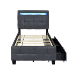 Letto a piattaforma imbottito singolo con luci a LED e cassetti portaoggetti