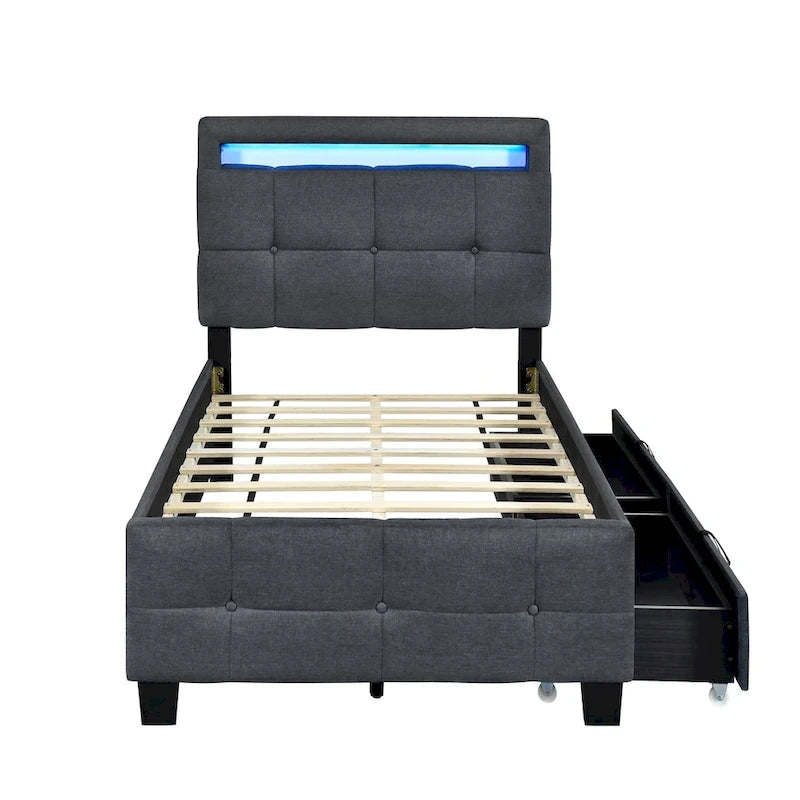 Letto a piattaforma imbottito singolo con luci a LED e cassetti portaoggetti