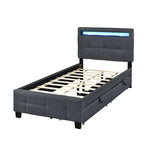 Letto a piattaforma imbottito singolo con luci a LED e cassetti portaoggetti