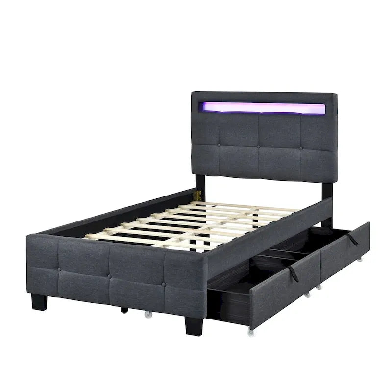Letto a piattaforma imbottito singolo con luci a LED e cassetti portaoggetti