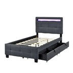 Letto a piattaforma imbottito singolo con luci a LED e cassetti portaoggetti