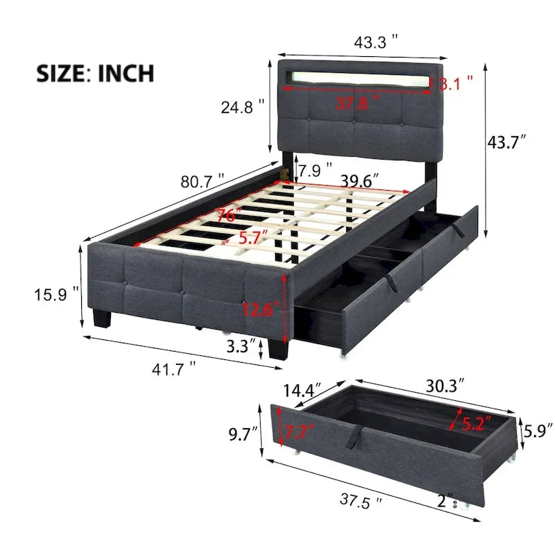 Letto a piattaforma imbottito singolo con luci a LED e cassetti portaoggetti