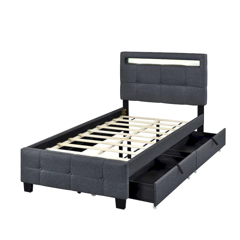 Letto a piattaforma imbottito singolo con luci a LED e cassetti portaoggetti