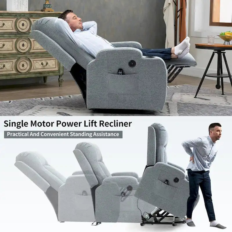 Poltrona Reclinabile Power Lift con Massaggio a 8 Punti, Calore Lombare e Portabicchieri