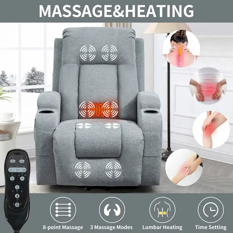 Poltrona Reclinabile Power Lift con Massaggio a 8 Punti, Calore Lombare e Portabicchieri