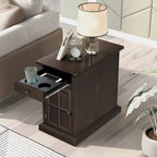 Narrow Multifunctional Classic Vintage End Table with USB Ports and 1 Drawer with Cup Holders, Sofa Side Table