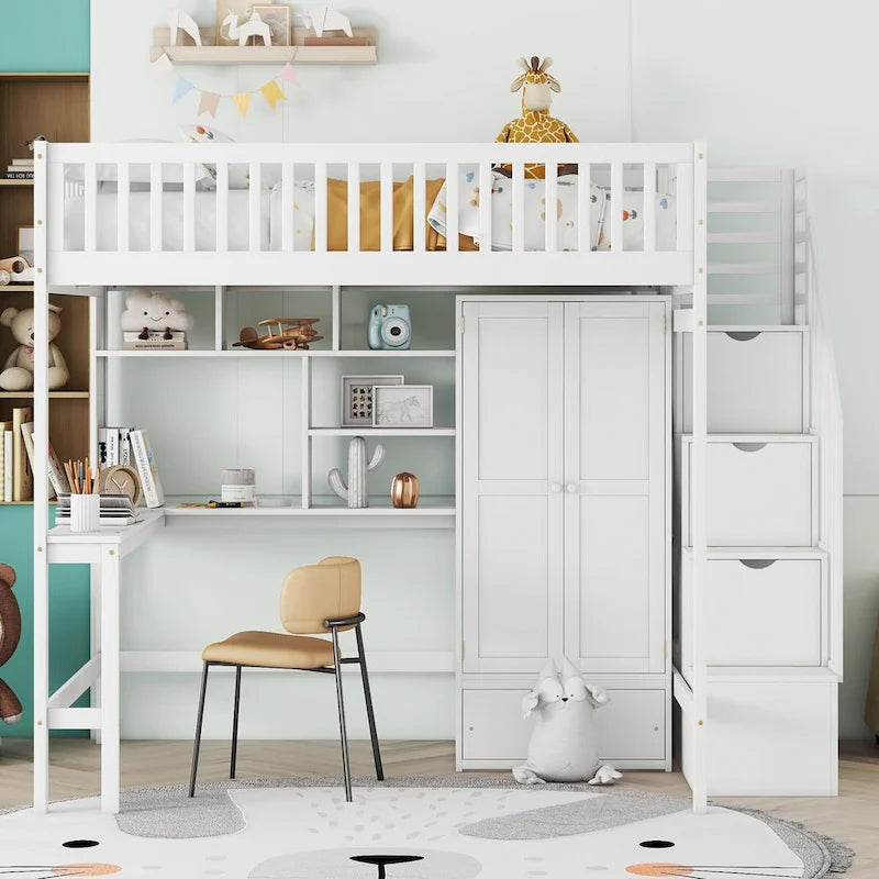 Telaio Letto a Soppalco Matrimoniale con Scala, Armadio, Scrivania, Libreria e Cassetti