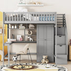 Telaio Letto a Soppalco Matrimoniale con Scala, Armadio, Scrivania, Libreria e Cassetti