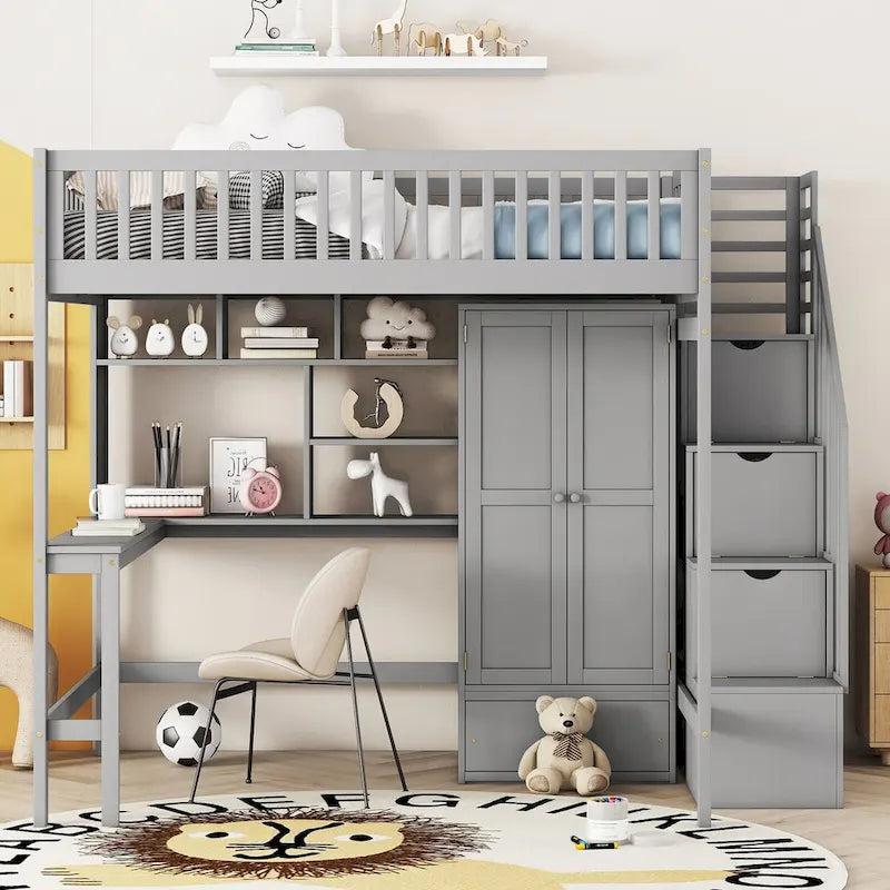 Telaio Letto a Soppalco Matrimoniale con Scala, Armadio, Scrivania, Libreria e Cassetti
