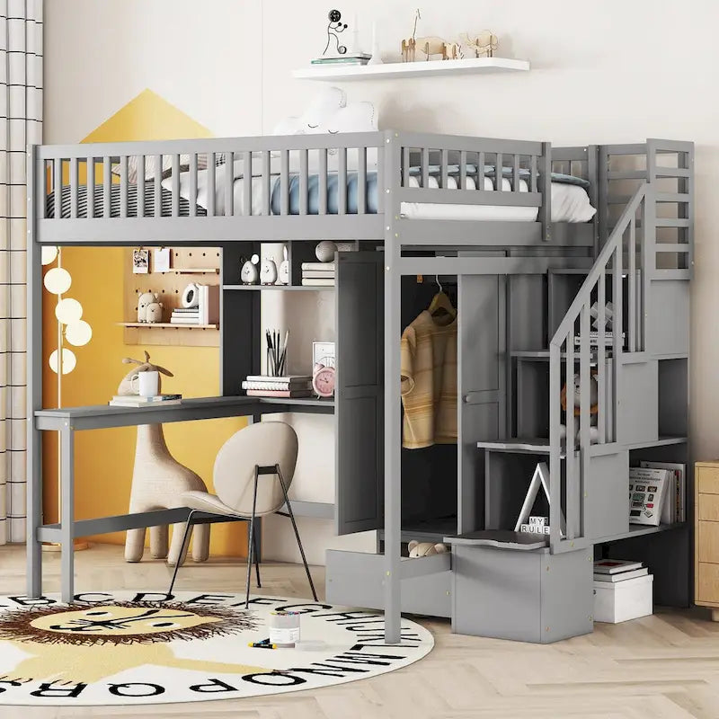 Telaio Letto a Soppalco Matrimoniale con Scala, Armadio, Scrivania, Libreria e Cassetti