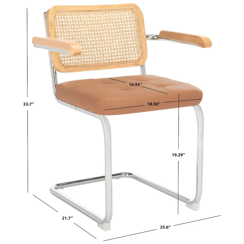 Sedia da pranzo Coralia con braccioli, 48 cm, set da 2 - Schienale in rattan, seduta trapuntata, gambe in acciaio