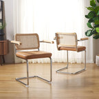 Sedia da pranzo Coralia con braccioli, 48 cm, set da 2 - Schienale in rattan, seduta trapuntata, gambe in acciaio