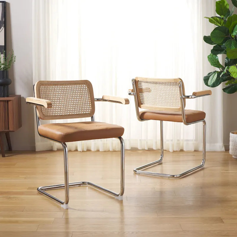 Sedia da pranzo Coralia con braccioli, 48 cm, set da 2 - Schienale in rattan, seduta trapuntata, gambe in acciaio