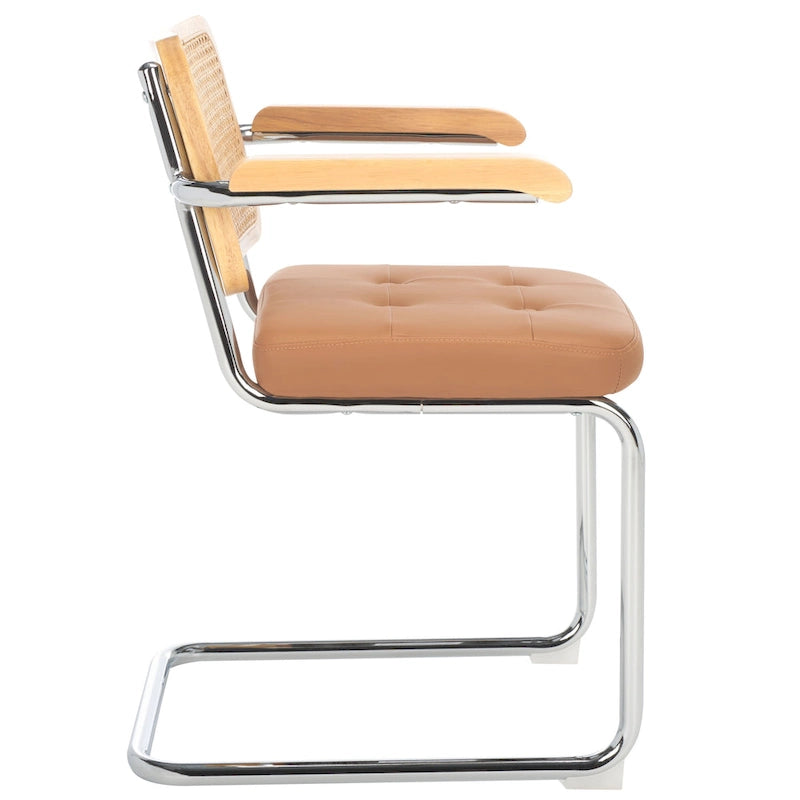 Sedia da pranzo Coralia con braccioli, 48 cm, set da 2 - Schienale in rattan, seduta trapuntata, gambe in acciaio