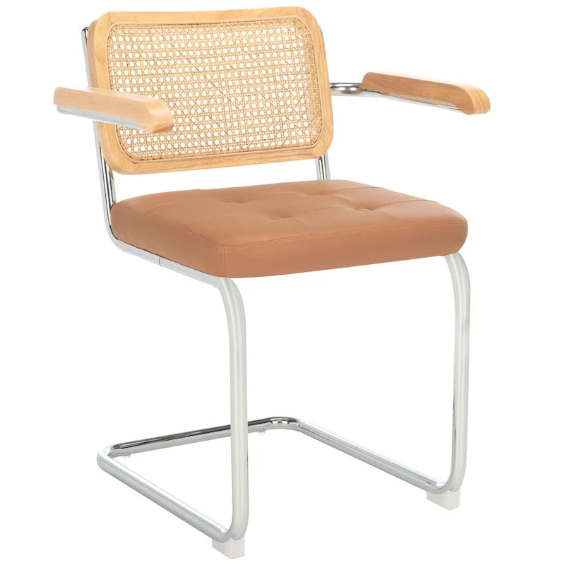 Sedia da pranzo Coralia con braccioli, 48 cm, set da 2 - Schienale in rattan, seduta trapuntata, gambe in acciaio