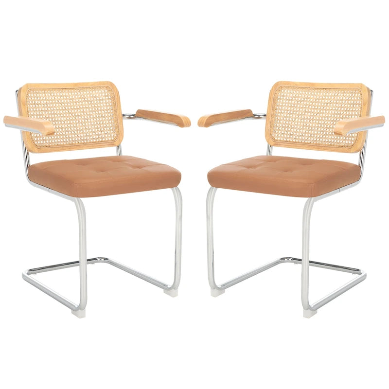 Sedia da pranzo Coralia con braccioli, 48 cm, set da 2 - Schienale in rattan, seduta trapuntata, gambe in acciaio