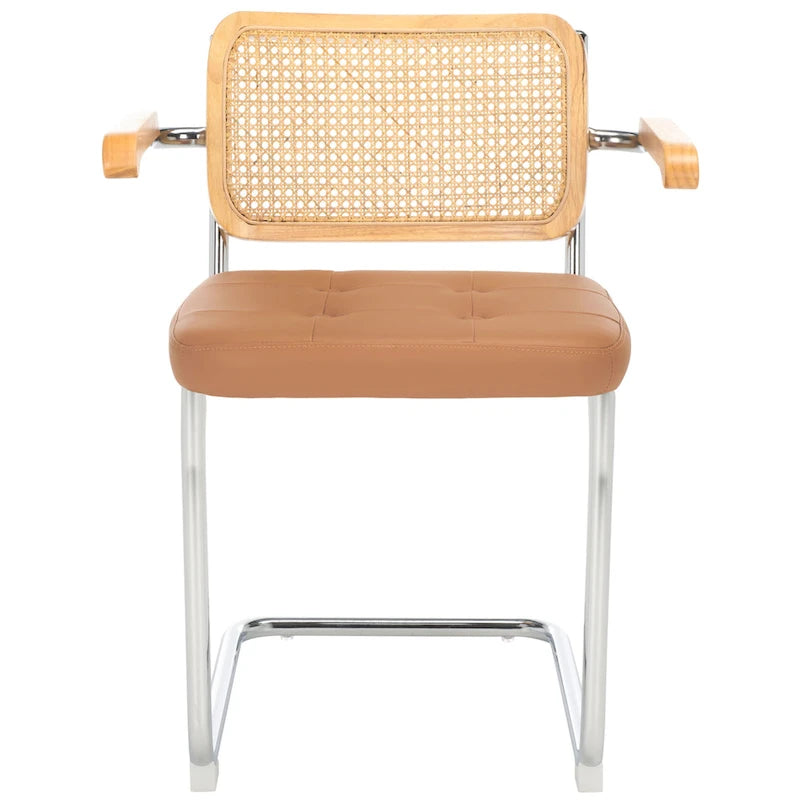 Sedia da pranzo Coralia con braccioli, 48 cm, set da 2 - Schienale in rattan, seduta trapuntata, gambe in acciaio